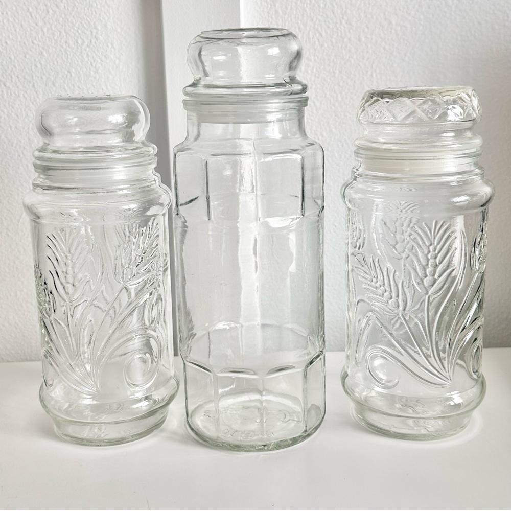 (3) 1980s Planters Peanuts Anchor Hocking Glass Jars Vintage Storage Rare HTF